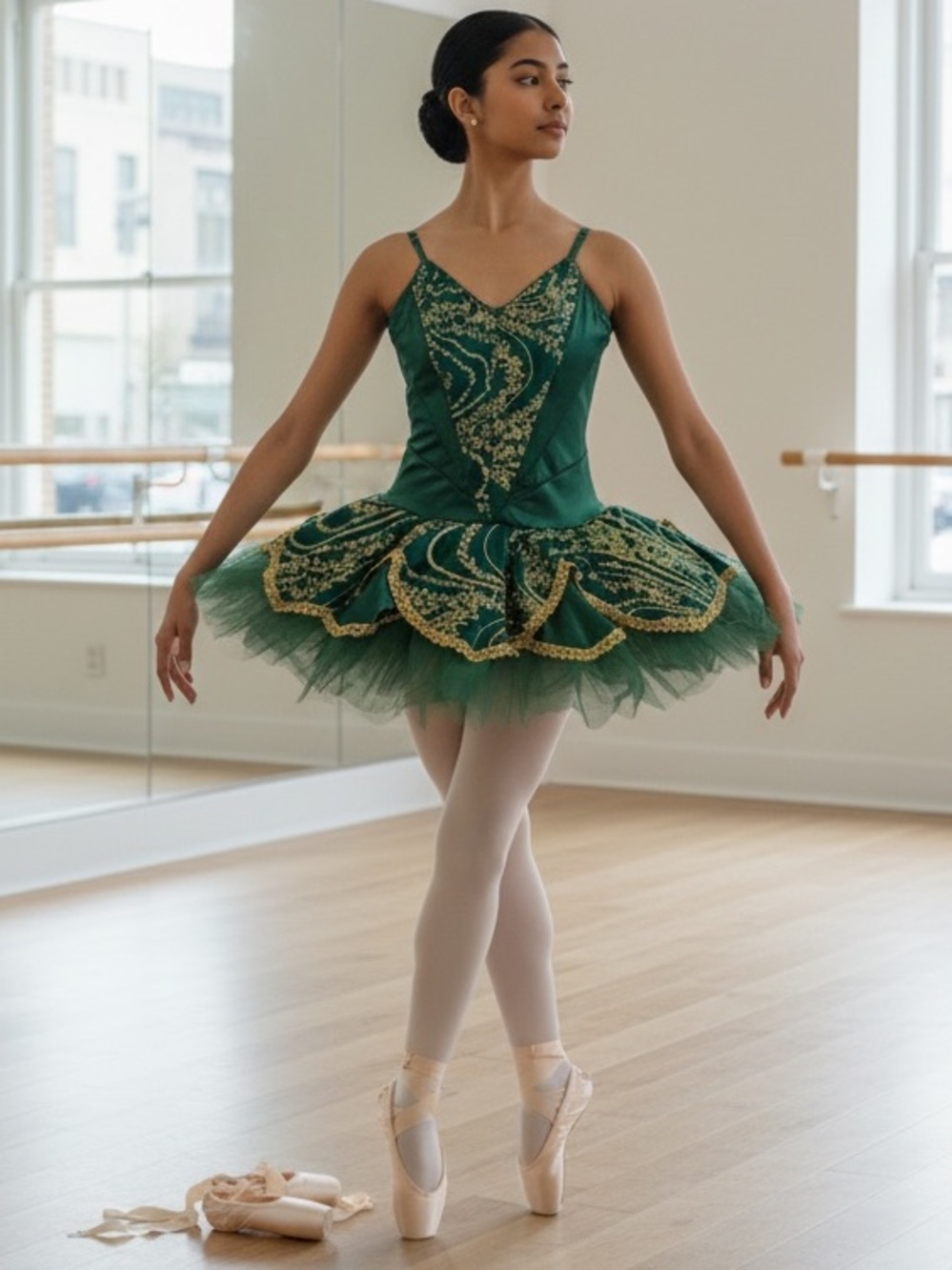 Revolution Emerald Green Dance Costume with Gold Embellishment